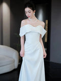 Bonnyshow Unique Mermaid Off The Shoulder White Long Wedding Dresses With Short Sleeves Brides Dress S3822