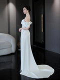 Bonnyshow Unique Mermaid Off The Shoulder White Long Wedding Dresses With Short Sleeves Brides Dress S3822