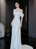 Bonnyshow Unique Mermaid Off The Shoulder White Long Wedding Dresses With Short Sleeves Brides Dress S3822