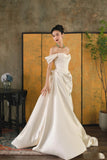 Bonnyshow Unique Mermaid Off The Shoulder Ivory Long Wedding Dresses With Short Sleeves Brides Dress S3824