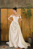 Bonnyshow Unique Mermaid Off The Shoulder Ivory Long Wedding Dresses With Short Sleeves Brides Dress S3824
