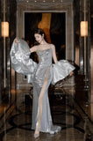 Bonnyshow Sexy Mermaid Spaghetti Straps Silver Sequin Long Prom Dresses Evening Gowns S3825
