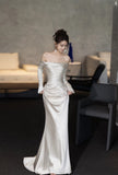 Bonnyshow Unique Mermaid Off The Shoulder Long Sleeves Wedding Dresses Ivory Brides Dress S3826