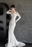 Bonnyshow Unique Mermaid Off The Shoulder Long Sleeves Wedding Dresses Ivory Brides Dress S3826