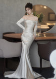 Bonnyshow Unique Mermaid Off The Shoulder Long Sleeves Wedding Dresses Ivory Brides Dress S3826