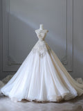 Bonnyshow Unique Ball Gown High Neckline Tulle White Long Wedding Dresses Brides Dress S3828