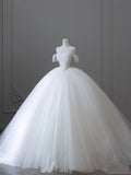 Bonnyshow Unique Ball Gown Strapless Tulle White Long Off The Shoulder Wedding Dresses Brides Dress S3829