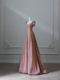 Bonnyshow Sexy A line Straps Rose Pink Sequin Long Prom Dresses Evening Gowns S3832