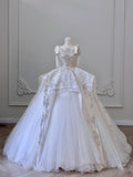 Bonnyshow Unique Ball Gown Straps Tulle White Sequin Lace Wedding Dresses Brides Dress S3837