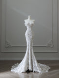 Bonnyshow Princess Mermaid Strapless White Lace Long Wedding Dresses Brides Dress S3838