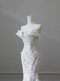 Bonnyshow Princess Mermaid Strapless White Lace Long Wedding Dresses Brides Dress S3838