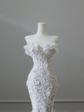 Bonnyshow Princess Mermaid Strapless White Lace Long Wedding Dresses Brides Dress S3838