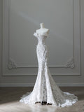Bonnyshow Princess Mermaid Strapless White Lace Long Wedding Dresses Brides Dress S3838