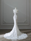Bonnyshow Princess Mermaid Strapless White Lace Long Wedding Dresses Brides Dress S3838