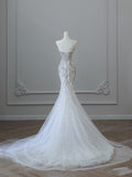 Bonnyshow Princess Mermaid Sweetheart White Tulle Long Wedding Dresses Brides Dress S3839