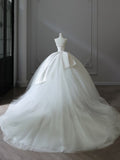 Bonnyshow Unique Ball Gown Strapless Satin White Long Wedding Dresses Brides Dress S3842