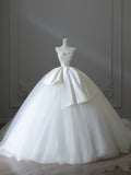 Bonnyshow Unique Ball Gown Strapless Satin White Long Wedding Dresses Brides Dress S3842
