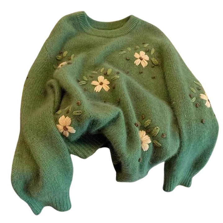 Bonnyshow Cottagecore Floral Embroidery Green Sweater