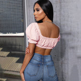 Bonnyshow Women's Front Tie Ruched Crop Top Fashion Summer Solid Color Deep V Neck Puff Sleeve Basic Bustier Bra Navel T Shirt