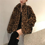 BonnyshowWinter Leopard Print Jacket Women's Stand collar Warm Parkas Outwear 2023 New Autumn Winter Korean Female Loose Faux Fur Coats