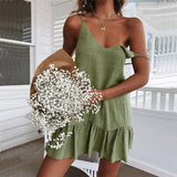 Bonnyshow Sexy Spaghetti Strap Ruffle Dress Women Summer Dress  Cotton Linen Vestidos Green Dresses Off Shoulder Sexy Mini Sundress