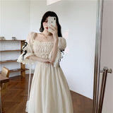 Bonnyshow  Spring Ruched Dress Women Chic Puff Sleeve  Solid Off Shoulder Fairy Dress Elegant Princess Summer A-Line Dress Femme Robe