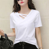 Bonnyshow Women Summer V-neck Loose Short Sleeve White T-shirt Women Korean Solid Color Tops Casual Compassionate Trend T Shirt