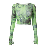 Bonnyshow Sexy See Trough Crop Top  Vintage Graphic Print Green Mesh Sheer T-shirt Long Flare Sleeve Slim Fit Tee Women Clothes
