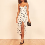 Bonnyshow Summer Dresses For Women Elegant Vintage Floral Midi Dress Spaghetti Strap Slit  Vacation Style Dress