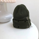 Bonnyshow Solid Color Knitted Hat Punk Hip Hop Beanies for Men Women Metal Pin Ring Brimless Melon Cap Winter Warm Crochet Bonnet Gorras