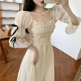 Bonnyshow  Spring Ruched Dress Women Chic Puff Sleeve  Solid Off Shoulder Fairy Dress Elegant Princess Summer A-Line Dress Femme Robe