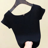 Bonnyshow Knitted Korean Fashion T-Shirt Women Summer Tall Tops Slim fit Short sleeve Tee Clothes Off shoulder