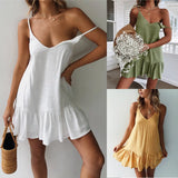 Bonnyshow Sexy Spaghetti Strap Ruffle Dress Women Summer Dress  Cotton Linen Vestidos Green Dresses Off Shoulder Sexy Mini Sundress