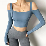 Bonnyshow  Women Strapless Sports Shirts Long Sleeve Dry Tank Top Gym T-shirt Athletic Active Fitness Workout Running  Sportswear