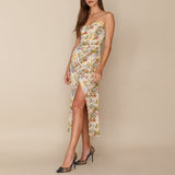 Bonnyshow Summer Dresses For Women Elegant Vintage Floral Midi Dress Spaghetti Strap Slit  Vacation Style Dress