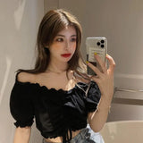 Bonnyshow Fashion Blouses Woman Sexy Off Shoulder Crop Top Ruffles Shirt Puff Sleeve Harajuku Tee Shirt Chiffon Youth Elegant Blouse