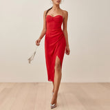 Bonnyshow Summer Dresses For Women Elegant Vintage Floral Midi Dress Spaghetti Strap Slit  Vacation Style Dress