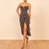 Bonnyshow Summer Dresses For Women Elegant Vintage Floral Midi Dress Spaghetti Strap Slit  Vacation Style Dress