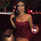 Bonnyshow Sliver Glitter Sexy Dress Women Strapless Skeleton Mini Summer Bodycon Dress Vestido Elegant Night Party Dress