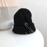 Bonnyshow Solid Color Knitted Hat Punk Hip Hop Beanies for Men Women Metal Pin Ring Brimless Melon Cap Winter Warm Crochet Bonnet Gorras