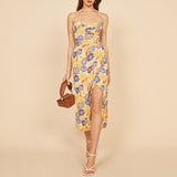 Bonnyshow Summer Dresses For Women Elegant Vintage Floral Midi Dress Spaghetti Strap Slit  Vacation Style Dress