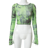 Bonnyshow Sexy See Trough Crop Top  Vintage Graphic Print Green Mesh Sheer T-shirt Long Flare Sleeve Slim Fit Tee Women Clothes