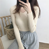 Bonnyshow Korean Autumn V Neck Sweater Knitted Fashion Sweaters 2024 Slim Winter Tops For Women Pullover Jumper Pull Femme Truien Dames