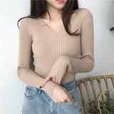 Bonnyshow Korean Autumn V Neck Sweater Knitted Fashion Sweaters 2024 Slim Winter Tops For Women Pullover Jumper Pull Femme Truien Dames