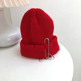 Bonnyshow Solid Color Knitted Hat Punk Hip Hop Beanies for Men Women Metal Pin Ring Brimless Melon Cap Winter Warm Crochet Bonnet Gorras