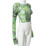 Bonnyshow Sexy See Trough Crop Top  Vintage Graphic Print Green Mesh Sheer T-shirt Long Flare Sleeve Slim Fit Tee Women Clothes