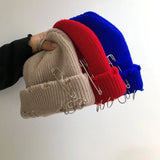 Bonnyshow Solid Color Knitted Hat Punk Hip Hop Beanies for Men Women Metal Pin Ring Brimless Melon Cap Winter Warm Crochet Bonnet Gorras
