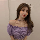 Bonnyshow Fashion Blouses Woman Sexy Off Shoulder Crop Top Ruffles Shirt Puff Sleeve Harajuku Tee Shirt Chiffon Youth Elegant Blouse