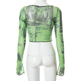 Bonnyshow Sexy See Trough Crop Top  Vintage Graphic Print Green Mesh Sheer T-shirt Long Flare Sleeve Slim Fit Tee Women Clothes