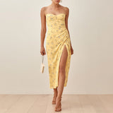 Bonnyshow Summer Dresses For Women Elegant Vintage Floral Midi Dress Spaghetti Strap Slit  Vacation Style Dress